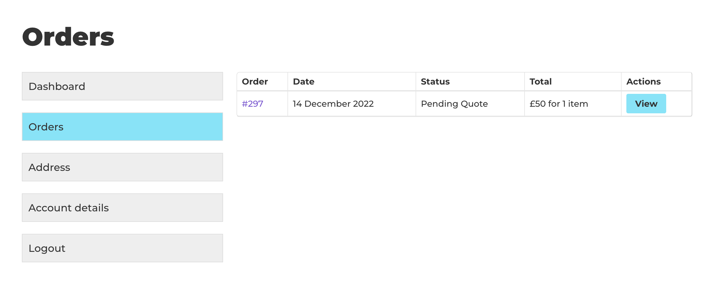 My customer account area with a Pending Quote status